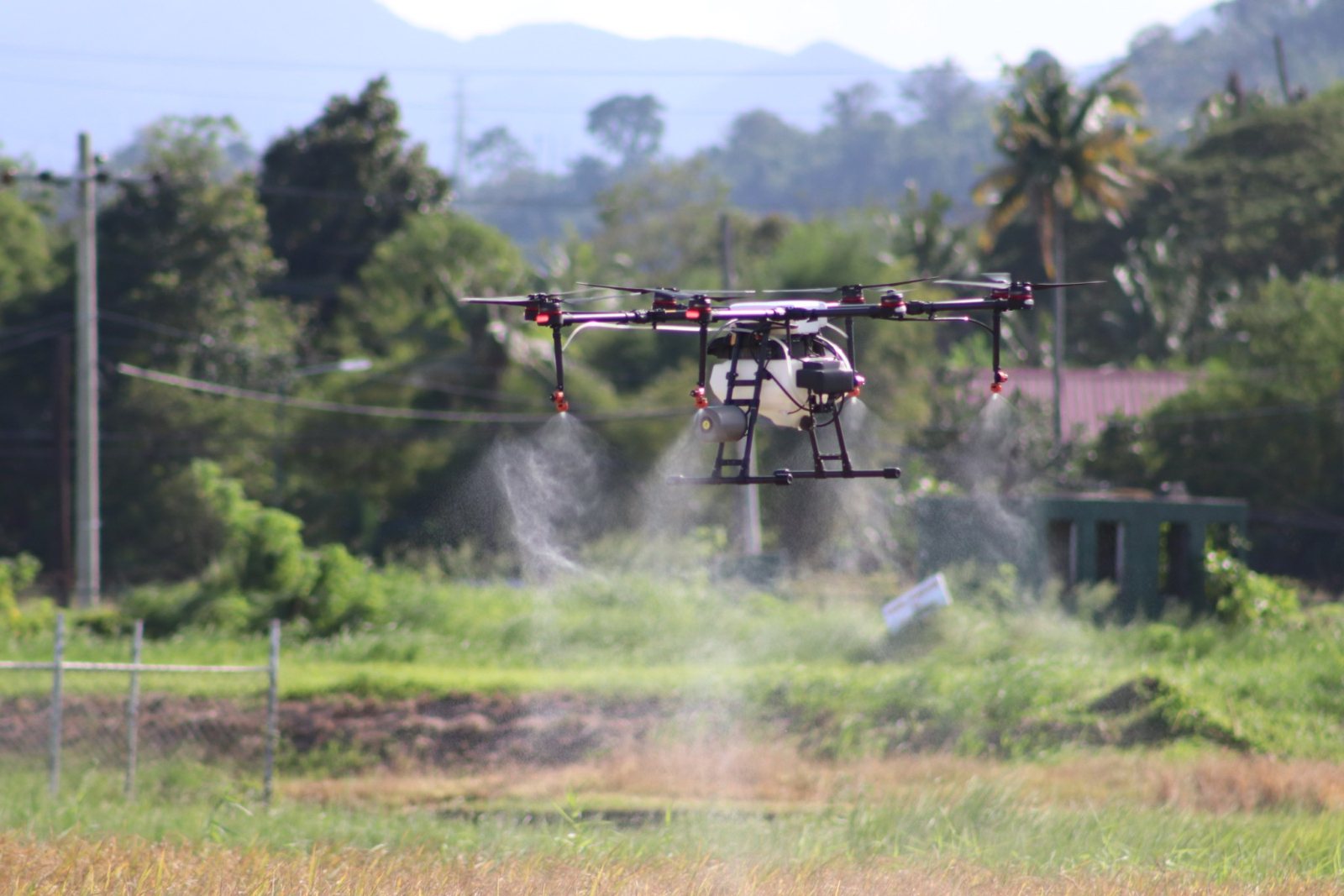 Agricultural spray drone applying inputs over a rice field